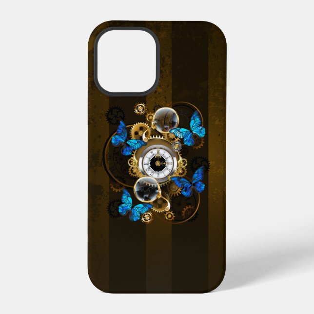 Funda Para iPhone Engranajes Steampunk y mariposas azules (Reverso )