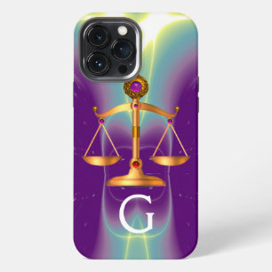 FUNDA PARA iPhone 13 PRO MAX ESCALAS DE ORO DE LA LEY CON MONOGRAMA DE PIEDRAS