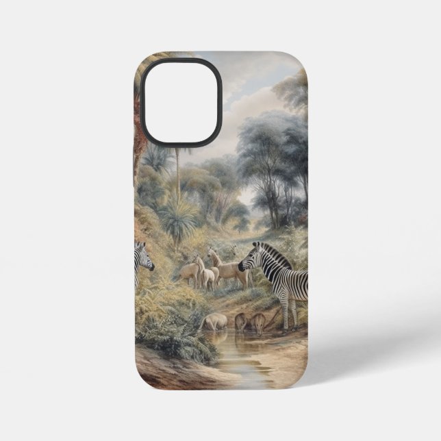 Funda Para iPhone Escena botánica de cebras y leones en un oasis (Reverso )