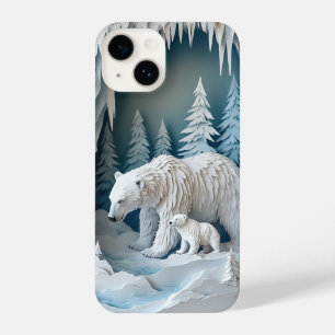 Funda Para iPhone 14 Escena de arte en papel de invierno con osos polar