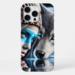 Funda Para iPhone 16 Pro Max Escena de reflexión de nativo indio y lobo