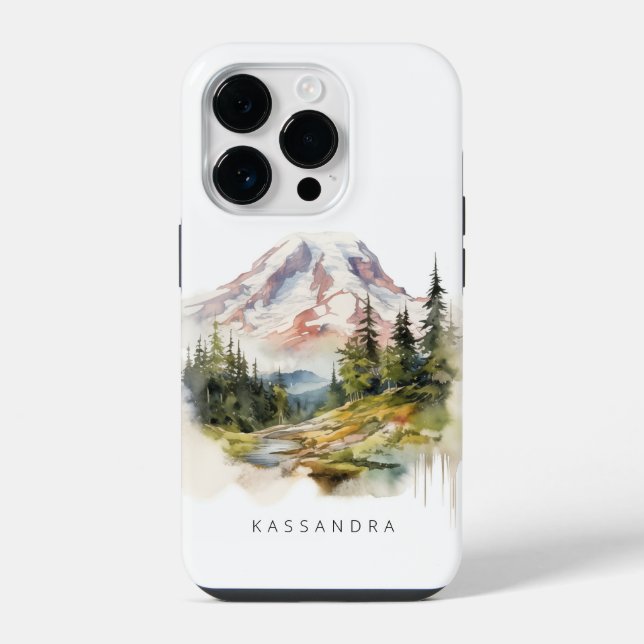 Funda Para iPhone Escenografía acuarela del Monte Rainier (Reverso )