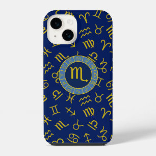 Funda Para iPhone 14 Escorpio Zodíaco+Símbolos de Astrología Patrón Dor