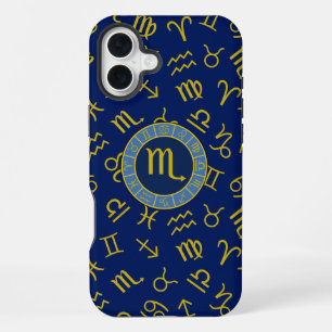 Funda Para iPhone 16 Plus Escorpio Zodíaco+Símbolos de Astrología Patrón Dor