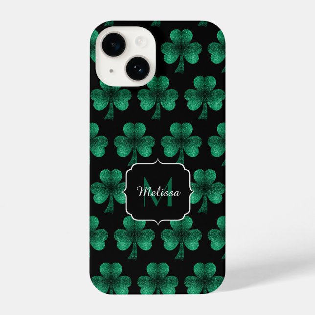 Funda Para iPhone Espuma verde esmeralda Shamrock negro Monograma (Reverso )