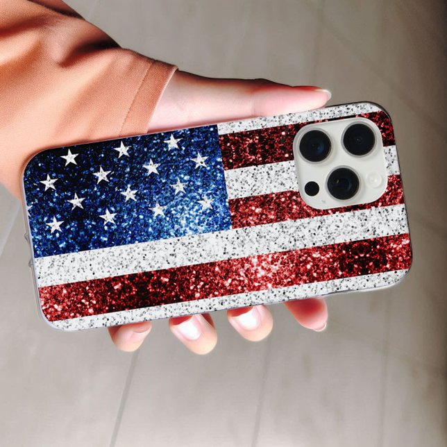 Funda Para iPhone Estados Unidos bandera azul rojo brillante purpuri (Sparkle up and protect your phone with trendy faux sparkles phone case. In many different colors.)