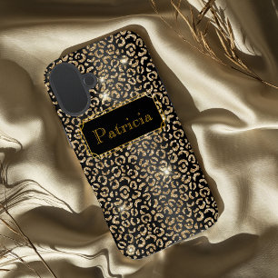 Funda Para iPhone 16 Plus Estampado brillante de leopardo glamuroso negro y 