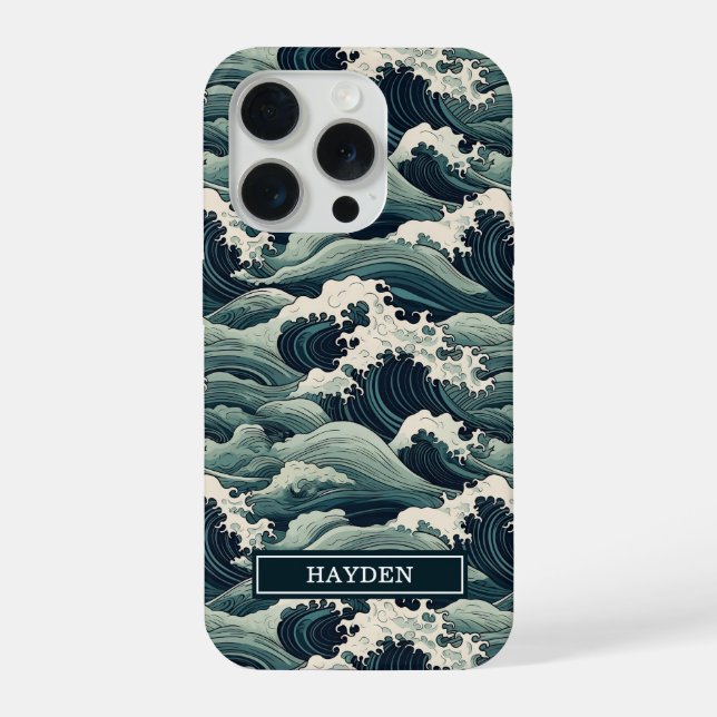 Funda Para iPhone Estampado de ondas japonesas monogramado (Reverso )