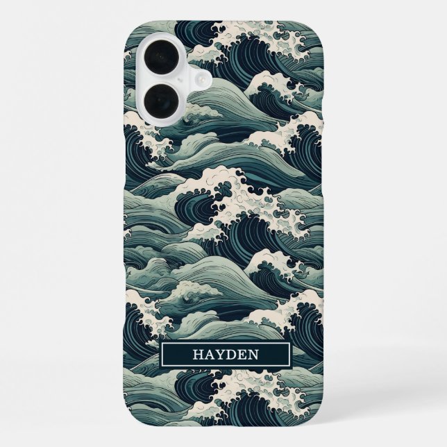 Funda Para iPhone Estampado de ondas japonesas monogramado (Reverso )
