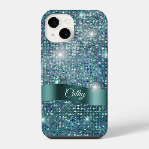 Funda Para iPhone 14 Estandarte Teal Brillo Azul Gema Glam