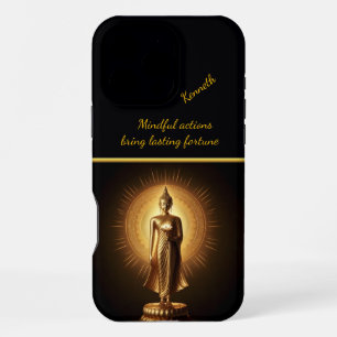 Funda Para iPhone 16 Pro Max Estatua pacífica del Buda dorado, arte de IA