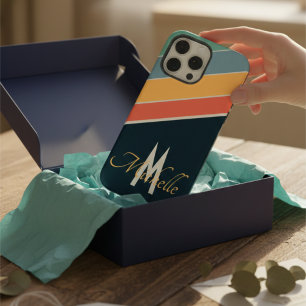 Funda Para iPhone 14 Pro Max Estética vintage de los 80 con raya y monograma el