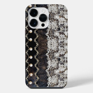 Funda Para iPhone 14 Pro Max Estilo de cuero de espresso romántico y encaje de