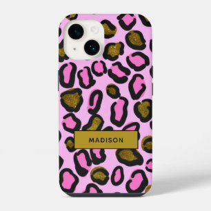Funda Para iPhone 14 Estilo Dorado Rosa Brillo Impresión Leopardo Nombr