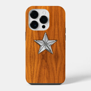 Funda Para iPhone 14 Pro Estrella náutica cromada en la impresión de madera