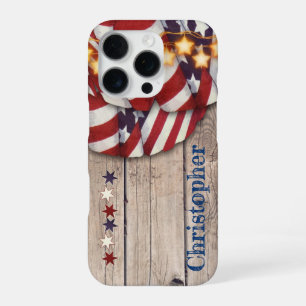 Funda Para iPhone 16 Pro Estrellas de Madera Rústica Patrióticas Rojo Blanc