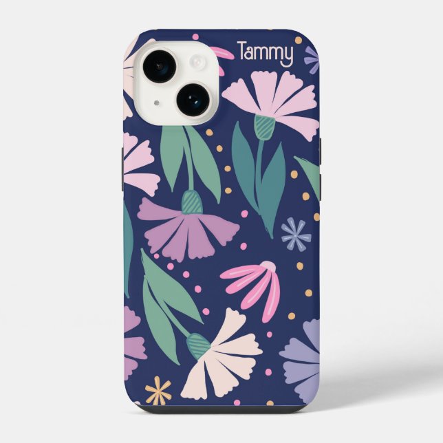 Funda Para iPhone Estuche para iPhone de flores rosadas de moda azul (Reverso )