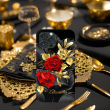 Exótica Elegante Rosa Roja Floral Rico Oro Negro