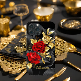 Funda Para iPhone 13 Pro Max Exótica Elegante Rosa Roja Floral Rico Oro Negro