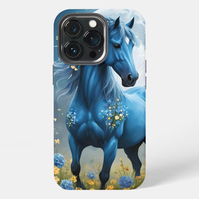 Funda Para iPhone Fantasía Azul Caballo Mágico Flores de Luna (Reverso )