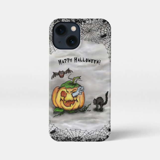 Funda Para iPhone Fantasma, Gato, Bat y Calabaza, ¡Feliz Halloween! (Reverso )