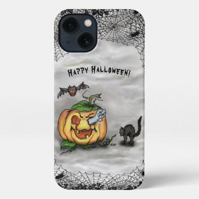 Funda Para iPhone Fantasma, Gato, Bat y Calabaza, ¡Feliz Halloween! (Reverso )