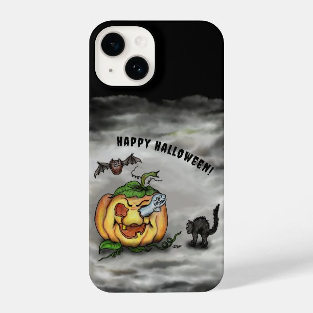 Funda Para iPhone Fantasma, Gato, Bat y Calabaza, ¡Feliz Halloween! (Reverso )