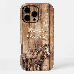 Funda Para iPhone 16 Pro Max Faux Wood Western Cowboy Cowgirl Horse