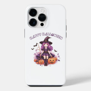 Funda Para iPhone 14 Pro Max Feliz Halloween Bruja Morada Calabazas y Murciélag