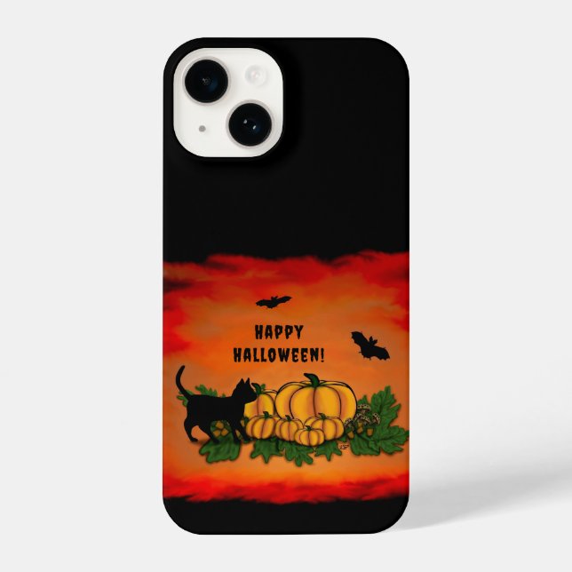 Funda Para iPhone Feliz Halloween, Gato Negro, Bat y Calabaza (Reverso )