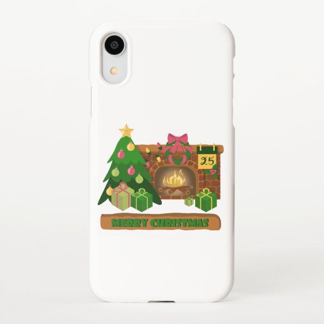 Funda Para iPhone Feliz Navidad cerca de la chimenea de fuego árbol  (Reverso)