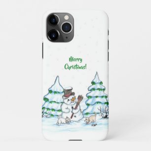 Funda Para iPhone 11Pro ¡Feliz Navidad! Hombre de nieve con gato y cachorr