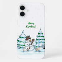 ¡Feliz Navidad! Hombre de nieve con gato y cachorr