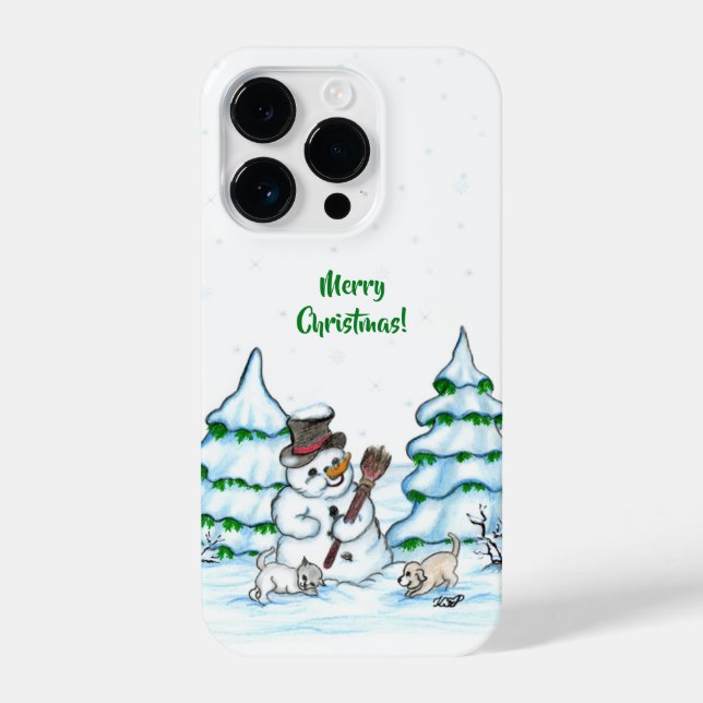 Funda Para iPhone ¡Feliz Navidad! Hombre de nieve con gato y cachorr (Reverso )