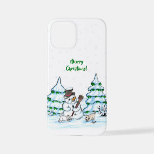 Funda Para iPhone 12 Mini ¡Feliz Navidad! Hombre de nieve con gato y cachorr
