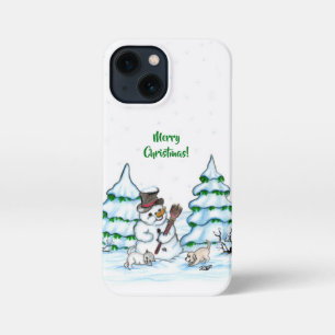 Funda Para iPhone 13 Mini ¡Feliz Navidad! Hombre de nieve con gato y cachorr