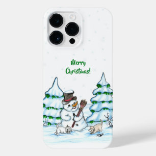 Funda Para iPhone 14 Pro Max ¡Feliz Navidad! Hombre de nieve con gato y cachorr