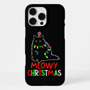 Funda Para iPhone 16 Pro Max Feliz Navidad Luces de Navidad Pijamas Gato Negro