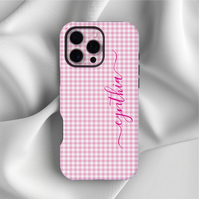 Funda Para iPhone Firma de Gingham Rosa Pálido Pequeño (Tiny Pale Pink Gingham Signature iPhone Case)