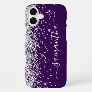Funda Para iPhone 16 Plus Firma femenina morada oscura con brillo plateado