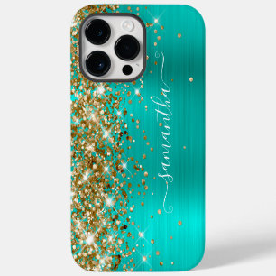 Funda Para iPhone 14 Pro Max Firma Glam Moderna Femenina Turquesa Brillo Dorado