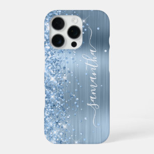 Funda Para iPhone 16 Pro Firme Glam Glitter Azul Claro para Chicas