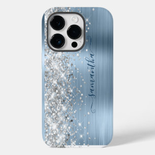 Funda Para iPhone 14 Pro Firme Glam Glitter Luz Azul Plateado Femenino