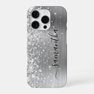 Funda Para iPhone 16 Pro Firme Glamuroso Metálico Plateado Brillante