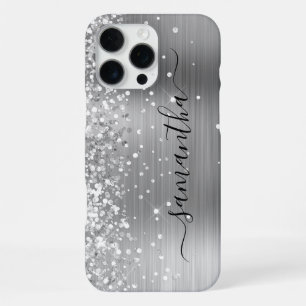Funda Para iPhone 16 Pro Max Firme Glamuroso Metálico Plateado Brillante