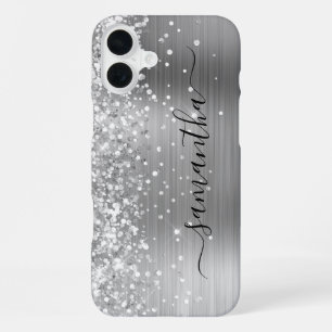 Funda Para iPhone 16 Plus Firme Glamuroso Metálico Plateado Brillante