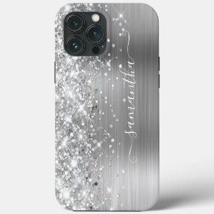 Funda Para iPhone 13 Pro Max Firme moderno femenino de plata brillante con purp