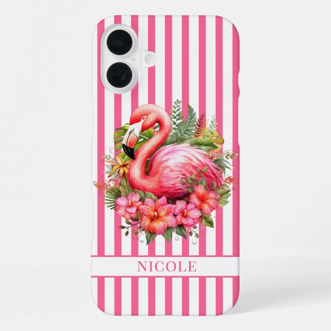 Funda Para iPhone Flamenco con Flores Tropicales sobre Rayas (Reverso )