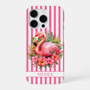 Funda Para iPhone 16 Pro Flamenco con Flores Tropicales sobre Rayas