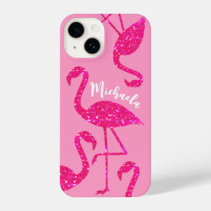 Funda Para iPhone 14 Flamenco rosa neón brilla Personaliza tu nombre 